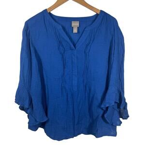 Chico's Top Women M Blue 100% Cotton Gauzy Flow 3/4 Sleeve Pop Over Tunic Coast